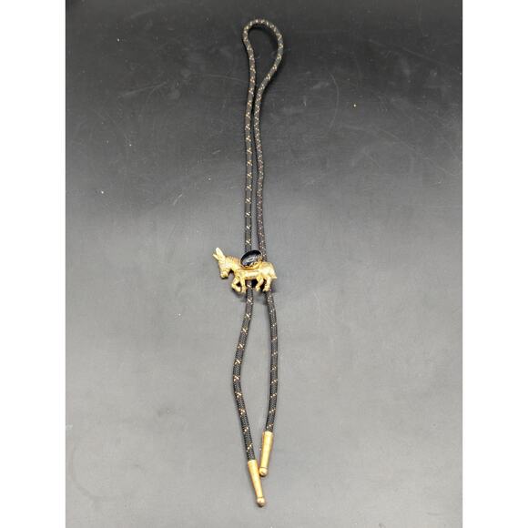 Vintage Gold Tone Donkey Burro Bolo Tie Black Cabochon Western Cowboy - Picture 2 of 8